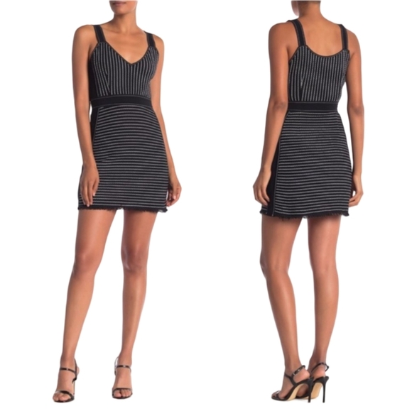 Derek Lam Black and White Striped Fringe Hem Woven Edgy Mini Dress Size 2 - Picture 2 of 10
